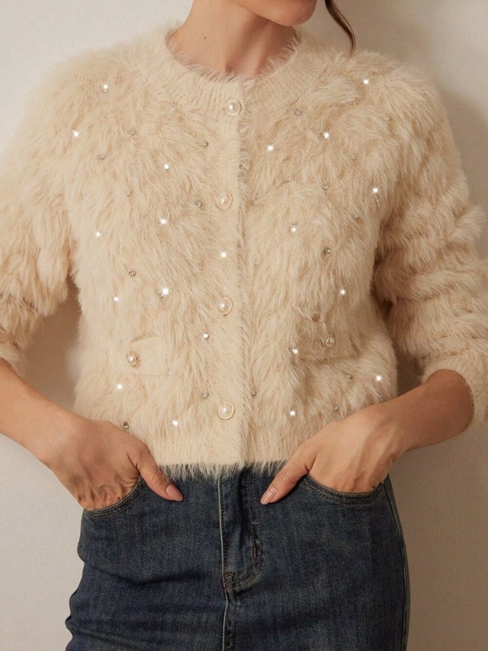 Apricot Casual Women's V-Neck Studded Faux Mink Elegant Cardigan